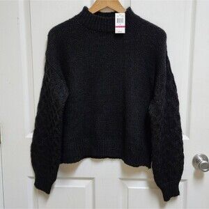Love Always Sweater Womens M Black Acrylic Chunky Knit Balloon Crew Soft Cozy